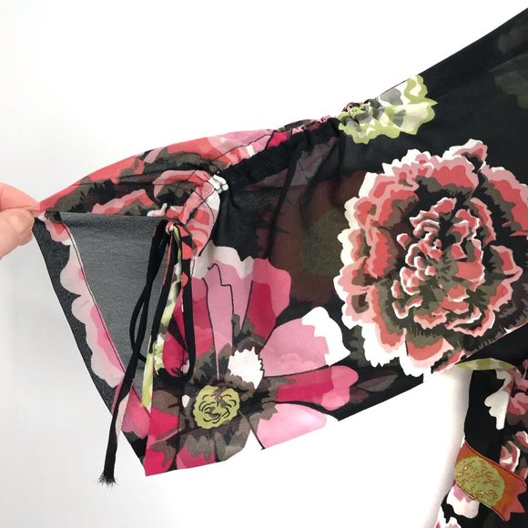 Cabi Womens Black Multi Colored Sheer Deep V Neck Floral Print Blouse M - Picture 5 of 6